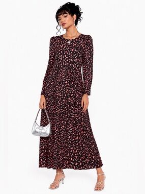 Zara Pink & Black Abstract Spot Cow Print Long Sleeve Midi Dress NWOT Medium